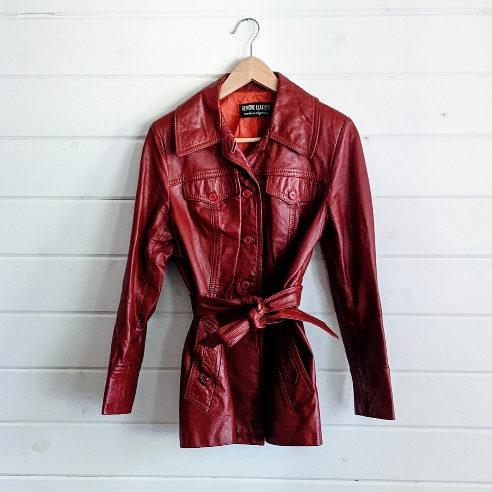 Women's Red Belted Leather Jacket